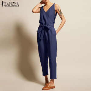 Cotton Sleeveless V Neck Belt Tie Jumpsuit